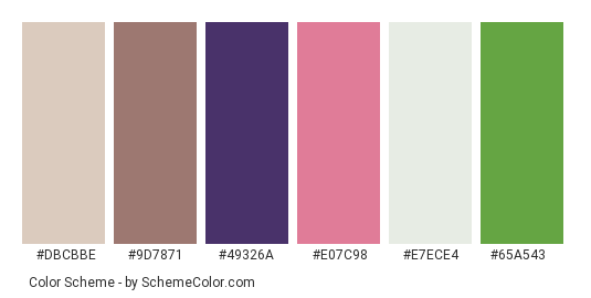 French Macrons - Color scheme palette thumbnail - #DBCBBE #9D7871 #49326A #E07C98 #E7ECE4 #65A543 
