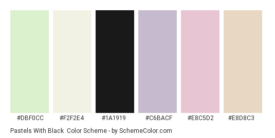 Pastels with Black - Color scheme palette thumbnail - #DBF0CC #F2F2E4 #1A1919 #C6BACF #E8C5D2 #E8D8C3 