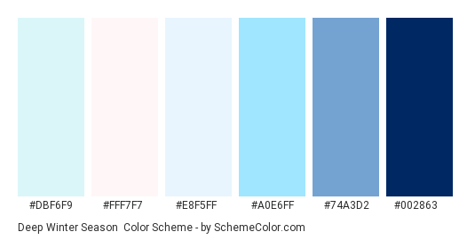 Deep Winter Season - Color scheme palette thumbnail - #DBF6F9 #FFF7F7 #E8F5FF #A0E6FF #74A3D2 #002863 
