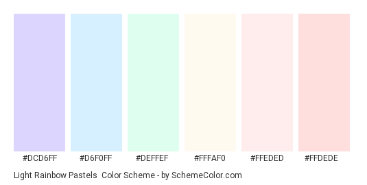 Light Rainbow Pastels - Color scheme palette thumbnail - #DCD6FF #D6F0FF #DEFFEF #FFFAF0 #FFEDED #FFDEDE 