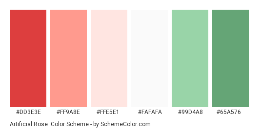 Artificial Rose - Color scheme palette thumbnail - #DD3E3E #FF9A8E #FFE5E1 #FAFAFA #99D4A8 #65A576 