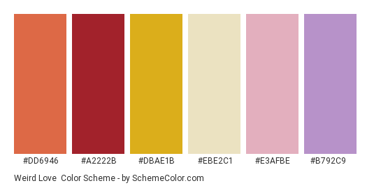 Weird Love - Color scheme palette thumbnail - #DD6946 #A2222B #DBAE1B #EBE2C1 #E3AFBE #B792C9 