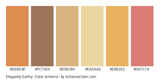 Elegantly Earthy - Color scheme palette thumbnail - #DD8D4F #9C7459 #D9B380 #EAD6A0 #E8B262 #D87C74 