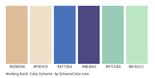 Working Back - Color scheme palette thumbnail - #DDBD98 #F0E0C9 #4773BA #4B4882 #97CCB8 #BCE6C2 