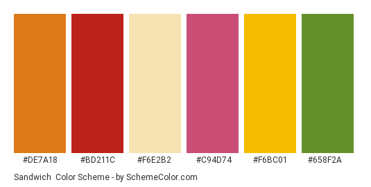 Sandwich - Color scheme palette thumbnail - #DE7A18 #BD211C #F6E2B2 #C94D74 #F6BC01 #658F2A 