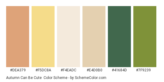 Autumn Can Be Cute - Color scheme palette thumbnail - #DEA379 #F5DC8A #F4EADC #E4D0B0 #41684D #7F9239 