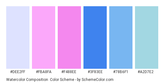 Watercolor Composition - Color scheme palette thumbnail - #DEE2FF #FBA8FA #F488EE #3F83EE #78B6F1 #A2D7E2 