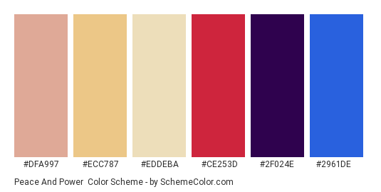 Peace and Power - Color scheme palette thumbnail - #DFA997 #ECC787 #EDDEBA #CE253D #2F024E #2961DE 