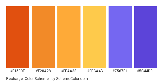 Recharge - Color scheme palette thumbnail - #E1500F #F28A28 #FEAA38 #FECA4B #7567F1 #5C44D9 