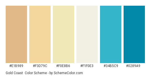 Gold Coast - Color scheme palette thumbnail - #E1B989 #F3D79C #F0E8B6 #F1F0E3 #34B5C9 #0289A9 