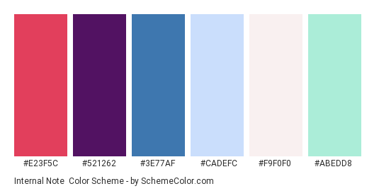 Internal Note - Color scheme palette thumbnail - #E23F5C #521262 #3E77AF #CADEFC #F9F0F0 #ABEDD8 