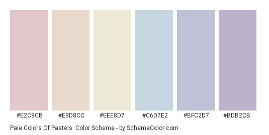 Pale Colors of Pastels - Color scheme palette thumbnail - #E2C8CB #E9D8CC #EEE8D7 #C6D7E2 #BFC2D7 #BDB2CB 