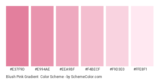Blush Pink Gradient - Color scheme palette thumbnail - #E37F9D #E994AE #EEA9BF #F4BECF #F9D3E0 #FFE8F1 