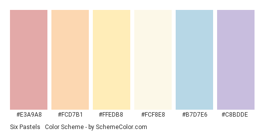 Six Pastels #3 - Color scheme palette thumbnail - #E3A9A8 #FCD7B1 #FFEDB8 #FCF8E8 #B7D7E6 #C8BDDE 