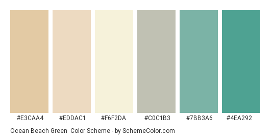 Ocean Beach Green - Color scheme palette thumbnail - #E3CAA4 #EDDAC1 #F6F2DA #C0C1B3 #7BB3A6 #4EA292 
