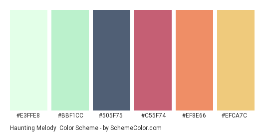 Haunting Melody - Color scheme palette thumbnail - #E3FFE8 #BBF1CC #505F75 #C55F74 #EF8E66 #EFCA7C 