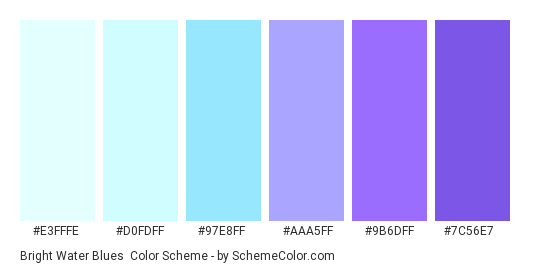 Bright Water Blues - Color scheme palette thumbnail - #E3FFFE #D0FDFF #97E8FF #AAA5FF #9B6DFF #7C56E7 