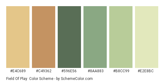 Field of Play - Color scheme palette thumbnail - #E4C689 #C49362 #596E56 #8AA883 #B8CC99 #E2E8BC 