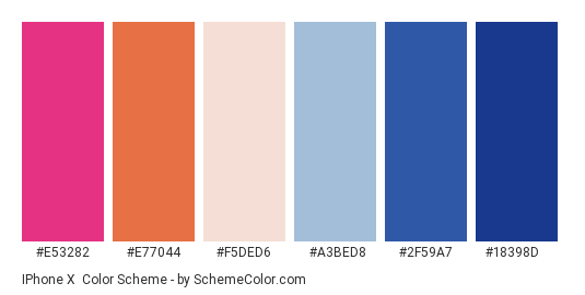 iPhone X - Color scheme palette thumbnail - #E53282 #E77044 #f5ded6 #a3bed8 #2f59a7 #18398d 
