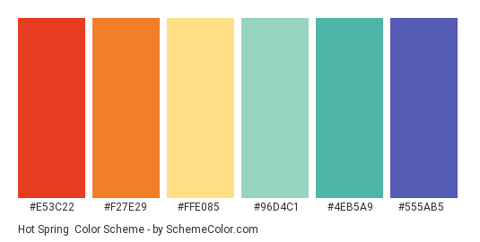 Hot Spring - Color scheme palette thumbnail - #E53C22 #F27E29 #FFE085 #96D4C1 #4EB5A9 #555AB5 