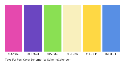 Toys for Fun - Color scheme palette thumbnail - #E549AE #6B46C1 #8AE053 #F9F0BD #FED844 #588FE4 