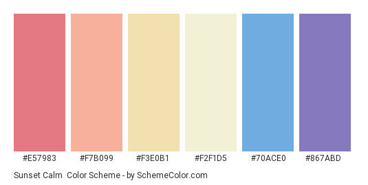 Sunset Calm - Color scheme palette thumbnail - #E57983 #F7B099 #F3E0B1 #F2F1D5 #70ACE0 #867ABD 