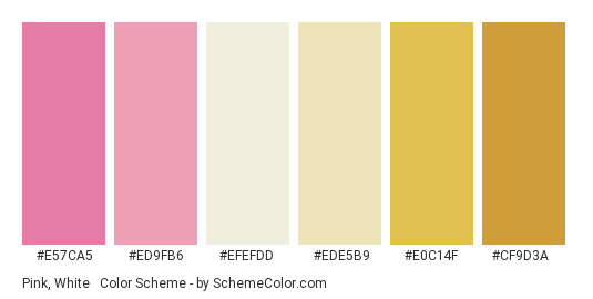 Pink, White & Gold - Color scheme palette thumbnail - #E57CA5 #ED9FB6 #EFEFDD #EDE5B9 #E0C14F #CF9D3A 