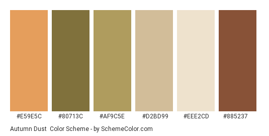 Autumn Dust - Color scheme palette thumbnail - #E59E5C #80713C #AF9C5E #D2BD99 #EEE2CD #885237 