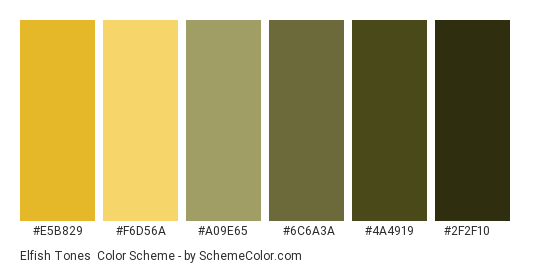 Elfish tones - Color scheme palette thumbnail - #E5B829 #F6D56A #A09E65 #6C6A3A #4A4919 #2F2F10 