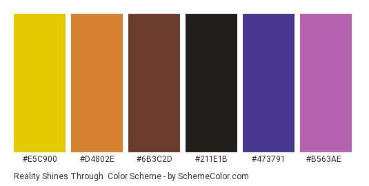 Reality Shines Through - Color scheme palette thumbnail - #E5C900 #D4802E #6B3C2D #211E1B #473791 #B563AE 