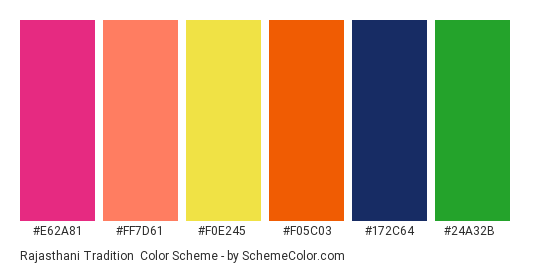 Rajasthani Tradition - Color scheme palette thumbnail - #E62A81 #FF7D61 #F0E245 #F05C03 #172C64 #24A32B 