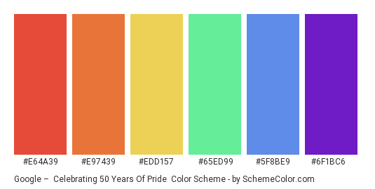 Google –  Celebrating 50 Years of Pride - Color scheme palette thumbnail - #E64A39 #E97439 #EDD157 #65ED99 #5F8BE9 #6F1BC6 