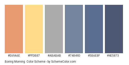 Boring Morning - Color scheme palette thumbnail - #E69A6E #FFDB87 #ABABAB #74849D #5B6E8F #4E5873 