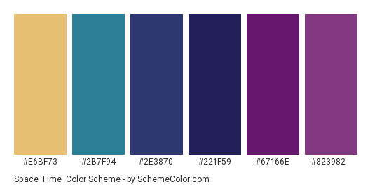 Space Time - Color scheme palette thumbnail - #E6BF73 #2B7F94 #2E3870 #221F59 #67166E #823982 