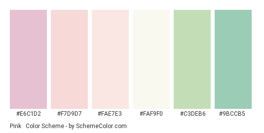 Pink & Green Pastels - Color scheme palette thumbnail - #E6C1D2 #F7D9D7 #FAE7E3 #FAF9F0 #C3DEB6 #9BCCB5 