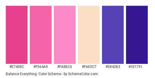 Balance Everything - Color scheme palette thumbnail - #E7408C #F564A9 #FA8BC6 #FAE0C7 #5842B3 #351791 