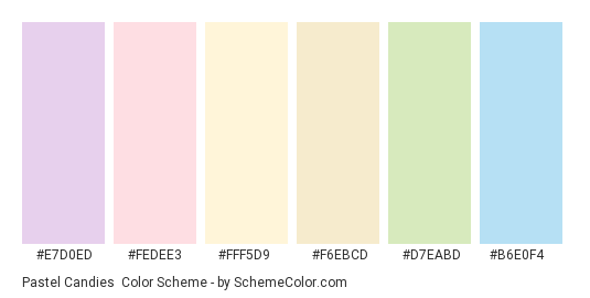Pastel Candies - Color scheme palette thumbnail - #E7D0ED #FEDEE3 #FFF5D9 #F6EBCD #D7EABD #B6E0F4 