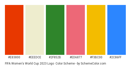 FIFA Women’s World Cup 2023 Logo - Color scheme palette thumbnail - #E83800 #EEEDCE #2F852B #ED6877 #F3BC00 #2C86FF 