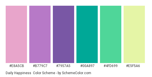 Daily Happiness - Color scheme palette thumbnail - #E8A5CB #B779C7 #7957A5 #00A897 #4FD699 #E5F5A6 