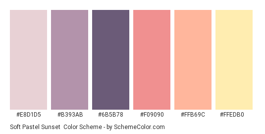 Soft Pastel Sunset - Color scheme palette thumbnail - #E8D1D5 #B393AB #6B5B78 #F09090 #FFB69C #FFEDB0 