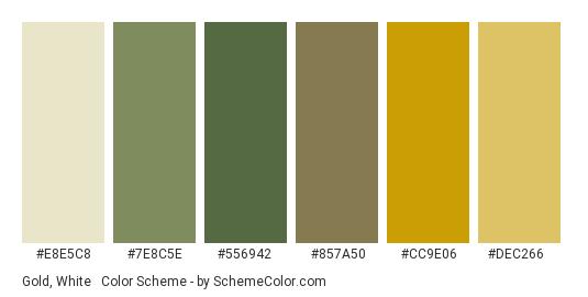 Gold, White & Green - Color scheme palette thumbnail - #E8E5C8 #7E8C5E #556942 #857A50 #CC9E06 #DEC266 