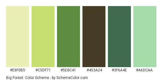 Big Forest - Color scheme palette thumbnail - #E8F0B5 #C5DF71 #5E8C41 #453A24 #3F6A4E #A6DCAA 