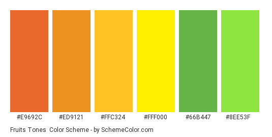 Fruits Tones - Color scheme palette thumbnail - #E9692C #ED9121 #FFC324 #FFF000 #66B447 #8EE53F 