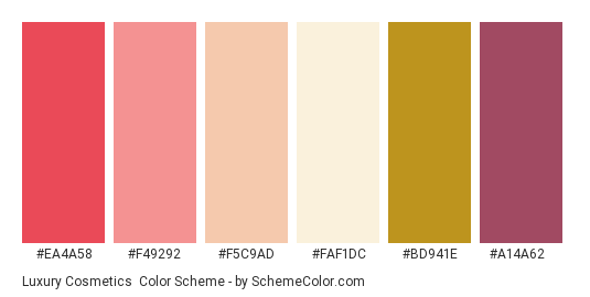 Luxury Cosmetics - Color scheme palette thumbnail - #EA4A58 #F49292 #F5C9AD #FAF1DC #BD941E #A14A62 