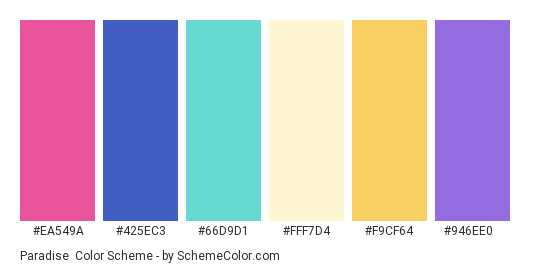 Paradise - Color scheme palette thumbnail - #EA549A #425EC3 #66D9D1 #FFF7D4 #F9CF64 #946EE0 
