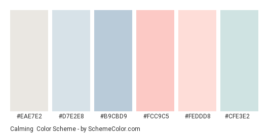 Calming - Color scheme palette thumbnail - #EAE7E2 #D7E2E8 #B9CBD9 #FCC9C5 #FEDDD8 #CFE3E2 