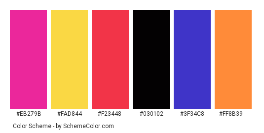 New Year Fireworks - Color scheme palette thumbnail - #EB279B #FAD844 #F23448 #030102 #3F34C8 #FF8B39 