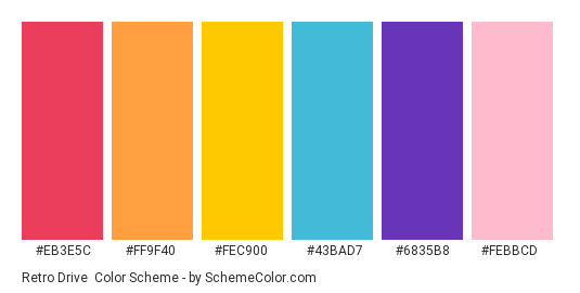Retro Drive - Color scheme palette thumbnail - #EB3E5C #FF9F40 #FEC900 #43BAD7 #6835B8 #FEBBCD 