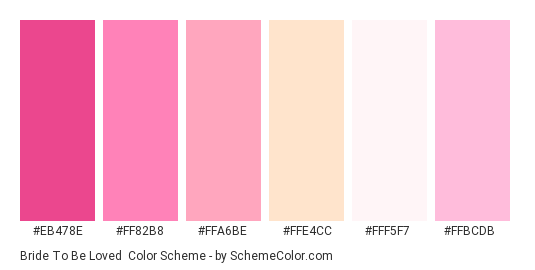 Bride to be Loved - Color scheme palette thumbnail - #EB478E #FF82B8 #FFA6BE #FFE4CC #FFF5F7 #FFBCDB 