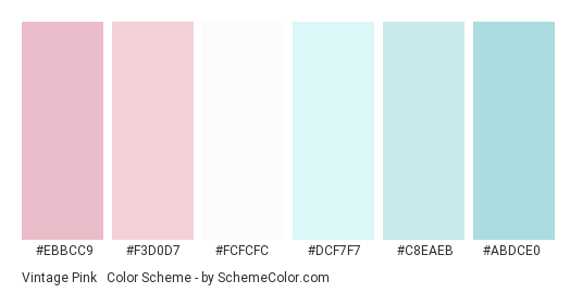 Vintage Pink & Blue Pastels - Color scheme palette thumbnail - #EBBCC9 #F3D0D7 #FCFCFC #DCF7F7 #C8EAEB #ABDCE0 